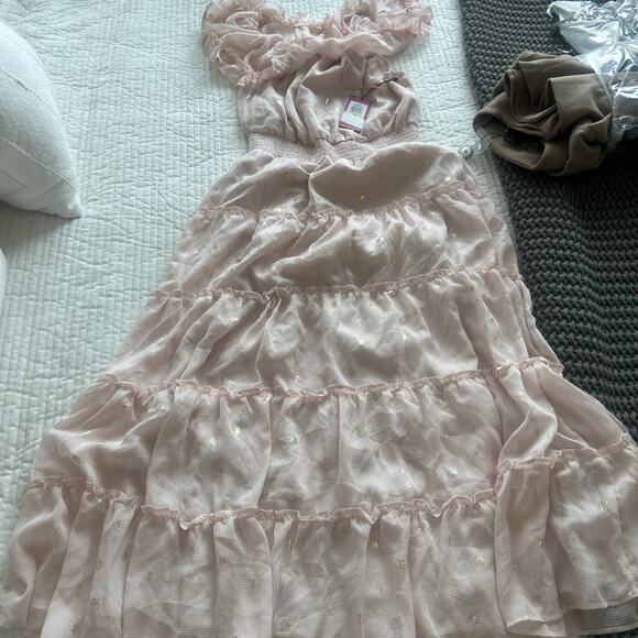 Vince Camuto Foiled Tiered Off-The-Shoulder Maxi Dress Rose Pink Size Medium NEW - Picture 12 of 12